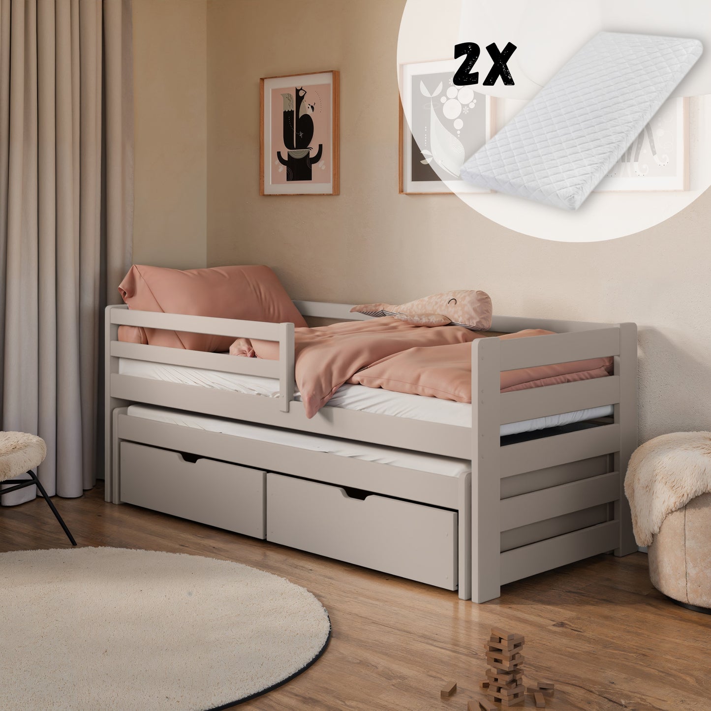 Einzelbett 90x200 cm mit Rausziehbett 90x190 cm mit zwei Matratzen (optional) und zwei Schubladen, Rausfallschutz und Lattenrosten, Vollholz massiv in weiss, Kinderbett Funktionsbett