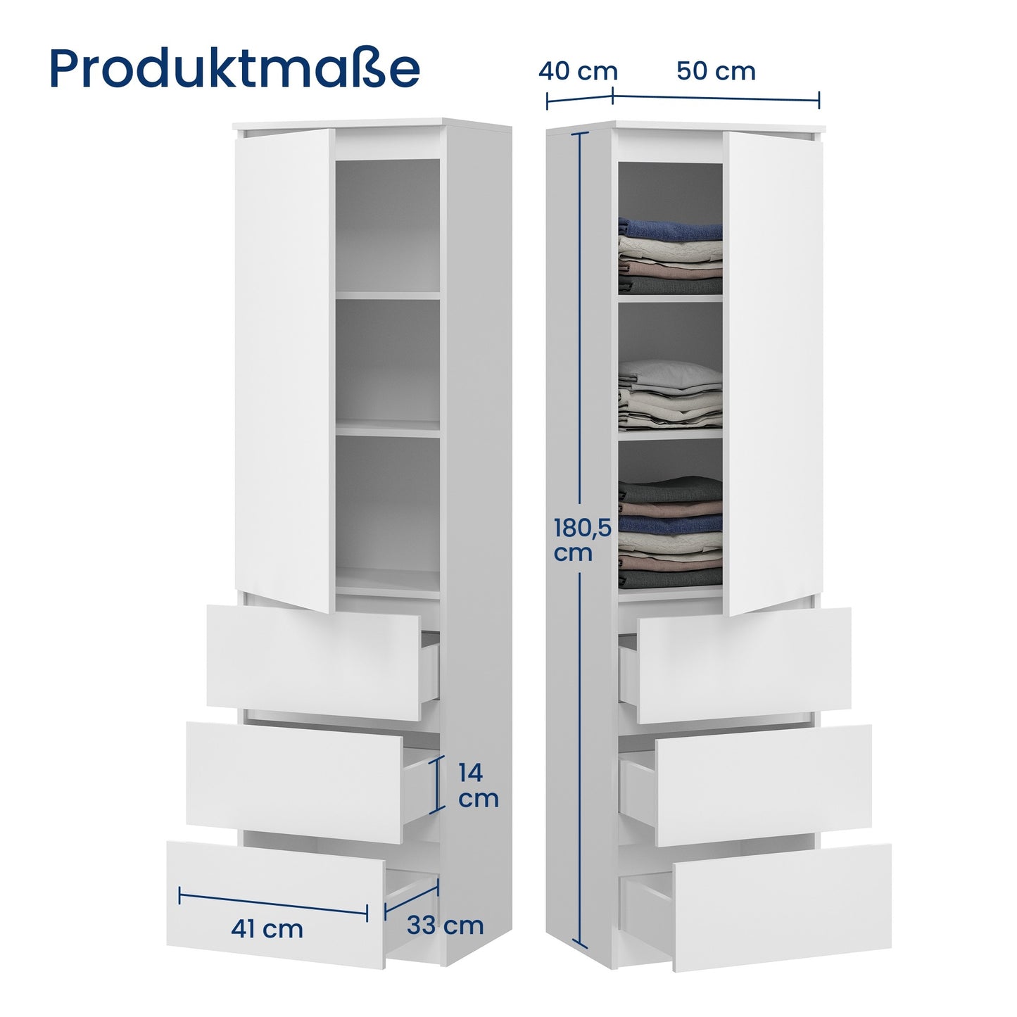 Kleiderschrank, Garderobenschrank, Mehrzweckschrank mit 3 Einlegeböden & 3 Schubladen | kompakter und funktionaler Schrank für Schlafzimmer, Flur oder Arbeitszimmer | 50x40x180 cm (BxTxH)