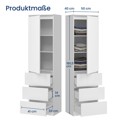 Kleiderschrank, Garderobenschrank, Mehrzweckschrank mit 3 Einlegeböden & 3 Schubladen | kompakter und funktionaler Schrank für Schlafzimmer, Flur oder Arbeitszimmer | 50x40x180 cm (BxTxH)