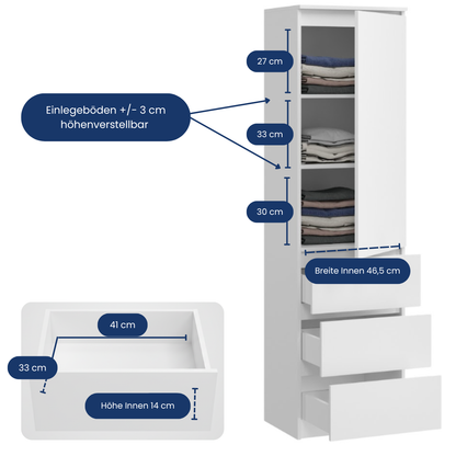 Kleiderschrank, Garderobenschrank, Mehrzweckschrank mit 3 Einlegeböden & 3 Schubladen | kompakter und funktionaler Schrank für Schlafzimmer, Flur oder Arbeitszimmer | 50x40x180 cm (BxTxH)