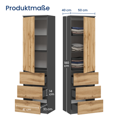Kleiderschrank, Garderobenschrank, Mehrzweckschrank mit 3 Einlegeböden & 3 Schubladen | kompakter und funktionaler Schrank für Schlafzimmer, Flur oder Arbeitszimmer | 40x50x180 cm (BxTxH)