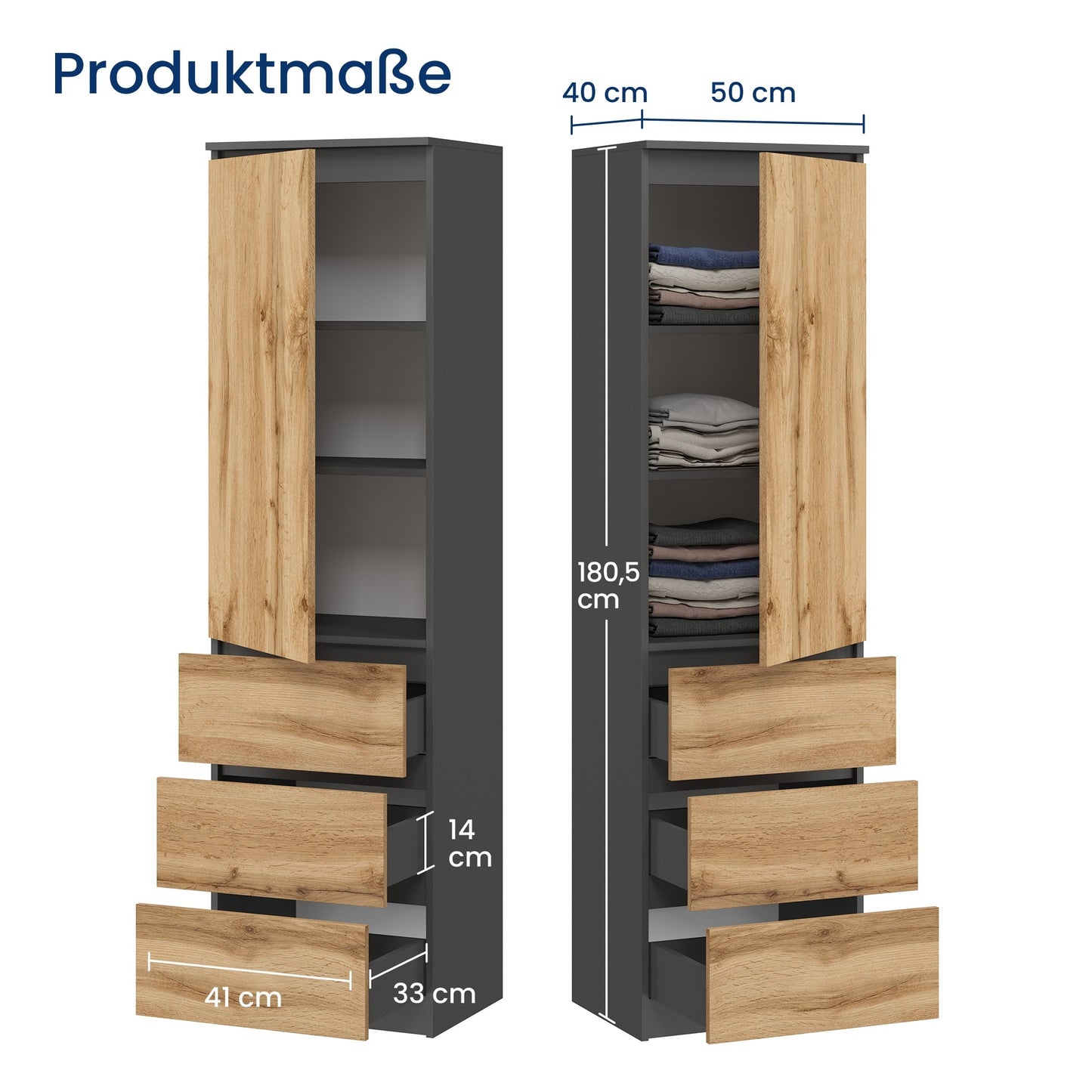 Kleiderschrank, Garderobenschrank, Mehrzweckschrank mit 3 Einlegeböden & 3 Schubladen | kompakter und funktionaler Schrank für Schlafzimmer, Flur oder Arbeitszimmer | 50x40x180 cm (BxTxH)