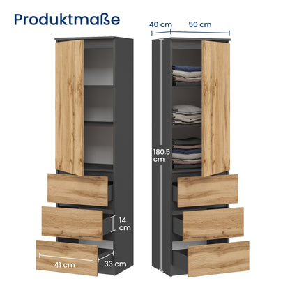 Kleiderschrank, Garderobenschrank, Mehrzweckschrank mit 3 Einlegeböden & 3 Schubladen | kompakter und funktionaler Schrank für Schlafzimmer, Flur oder Arbeitszimmer | 50x40x180 cm (BxTxH)