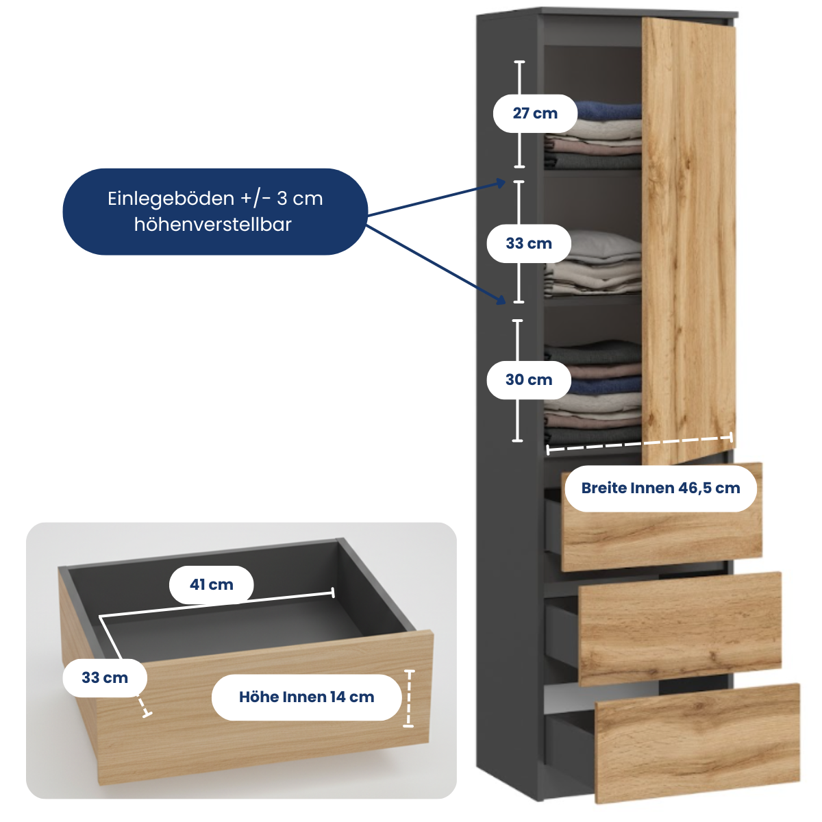 Kleiderschrank, Garderobenschrank, Mehrzweckschrank mit 3 Einlegeböden & 3 Schubladen | kompakter und funktionaler Schrank für Schlafzimmer, Flur oder Arbeitszimmer | 50x40x180 cm (BxTxH)
