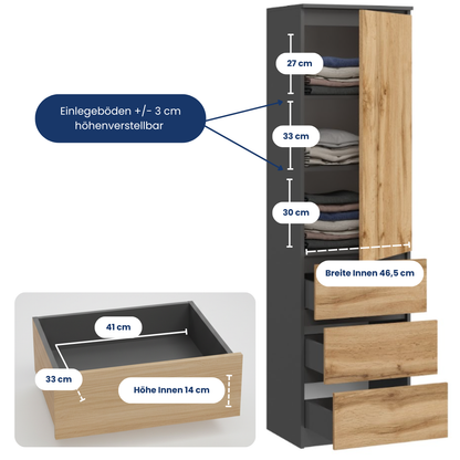 Kleiderschrank, Garderobenschrank, Mehrzweckschrank mit 3 Einlegeböden & 3 Schubladen | kompakter und funktionaler Schrank für Schlafzimmer, Flur oder Arbeitszimmer | 50x40x180 cm (BxTxH)