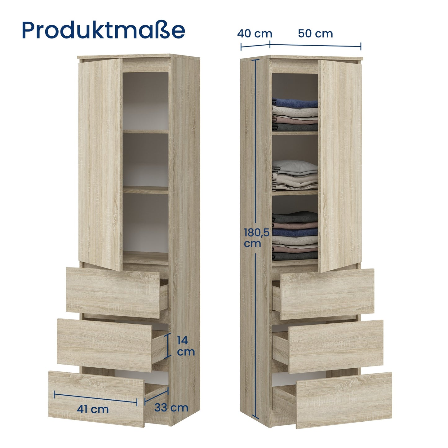 Kleiderschrank, Garderobenschrank, Mehrzweckschrank mit 3 Einlegeböden & 3 Schubladen | kompakter und funktionaler Schrank für Schlafzimmer, Flur oder Arbeitszimmer | 50x40x180 cm (BxTxH)