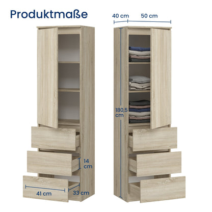 Kleiderschrank, Garderobenschrank, Mehrzweckschrank mit 3 Einlegeböden & 3 Schubladen | kompakter und funktionaler Schrank für Schlafzimmer, Flur oder Arbeitszimmer | 50x40x180 cm (BxTxH)