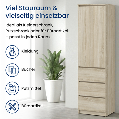 Kleiderschrank, Garderobenschrank, Mehrzweckschrank mit 3 Einlegeböden & 3 Schubladen | kompakter und funktionaler Schrank für Schlafzimmer, Flur oder Arbeitszimmer | 40x50x180 cm (BxTxH)