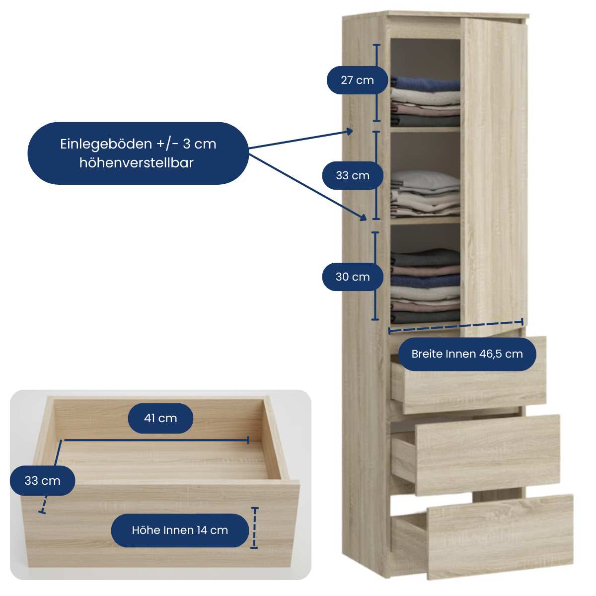 Kleiderschrank, Garderobenschrank, Mehrzweckschrank mit 3 Einlegeböden & 3 Schubladen | kompakter und funktionaler Schrank für Schlafzimmer, Flur oder Arbeitszimmer | 50x40x180 cm (BxTxH)