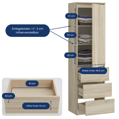 Kleiderschrank, Garderobenschrank, Mehrzweckschrank mit 3 Einlegeböden & 3 Schubladen | kompakter und funktionaler Schrank für Schlafzimmer, Flur oder Arbeitszimmer | 50x40x180 cm (BxTxH)
