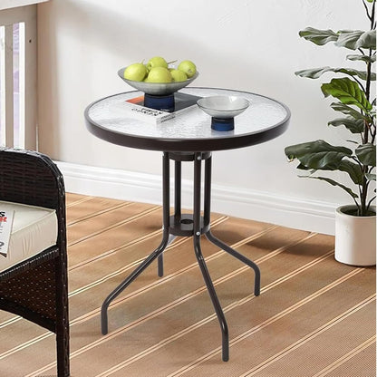 Gartentisch Balkontisch Beistelltisch Outdoor Balkonmöbel kleiner Balkon Bistrotisch kleiner Balkontisch Runde Platte aus gehärtetem Glas, pulverbeschichteter Metallrahmen | Schwarz