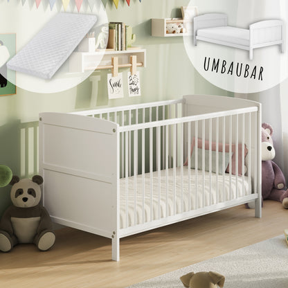Babybett 60x120 und 70x140 cm mit Schublade und Matratzenoption, Gitterbett, Kinderbett, höhenverstellbar, drei abnehmbaren Schienen & herausnehmbare Sprossen | Weiß
