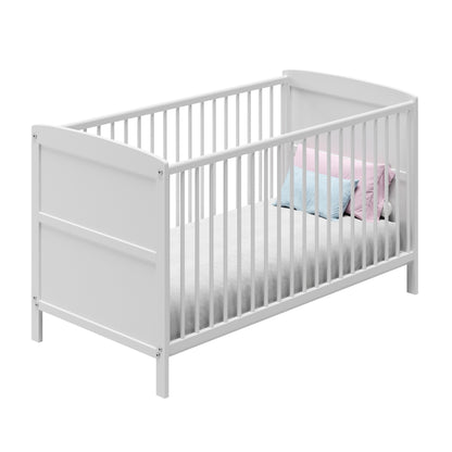 Babybett 60x120 und 70x140 cm mit Schublade und Matratzenoption, Gitterbett, Kinderbett, höhenverstellbar, drei abnehmbaren Schienen & herausnehmbare Sprossen | Weiß