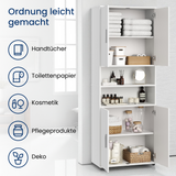 Badezimmerschrank Hochschrank Badschrank mit Türen und 6 Fächern , Badezimmer Aufbewahrung, Mehrzweckschrank für Bad, Keller & Hauswirtschaftsraum | Weiß