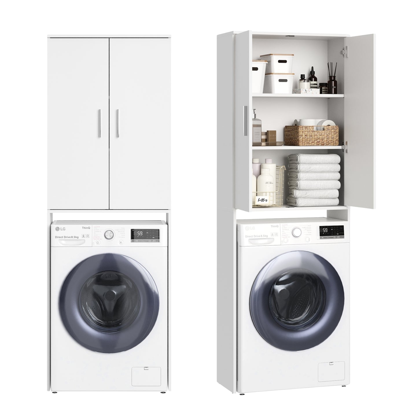 Waschmaschinenschrank Badezimmerschrank Hochschrank für Bad Waschmaschinenregal - platzsparender Stauraum & Aufbewahrung für Bad, Keller und Hauswirtschaftsraum | 65x30x187 (BxTxH) cm | Weiß