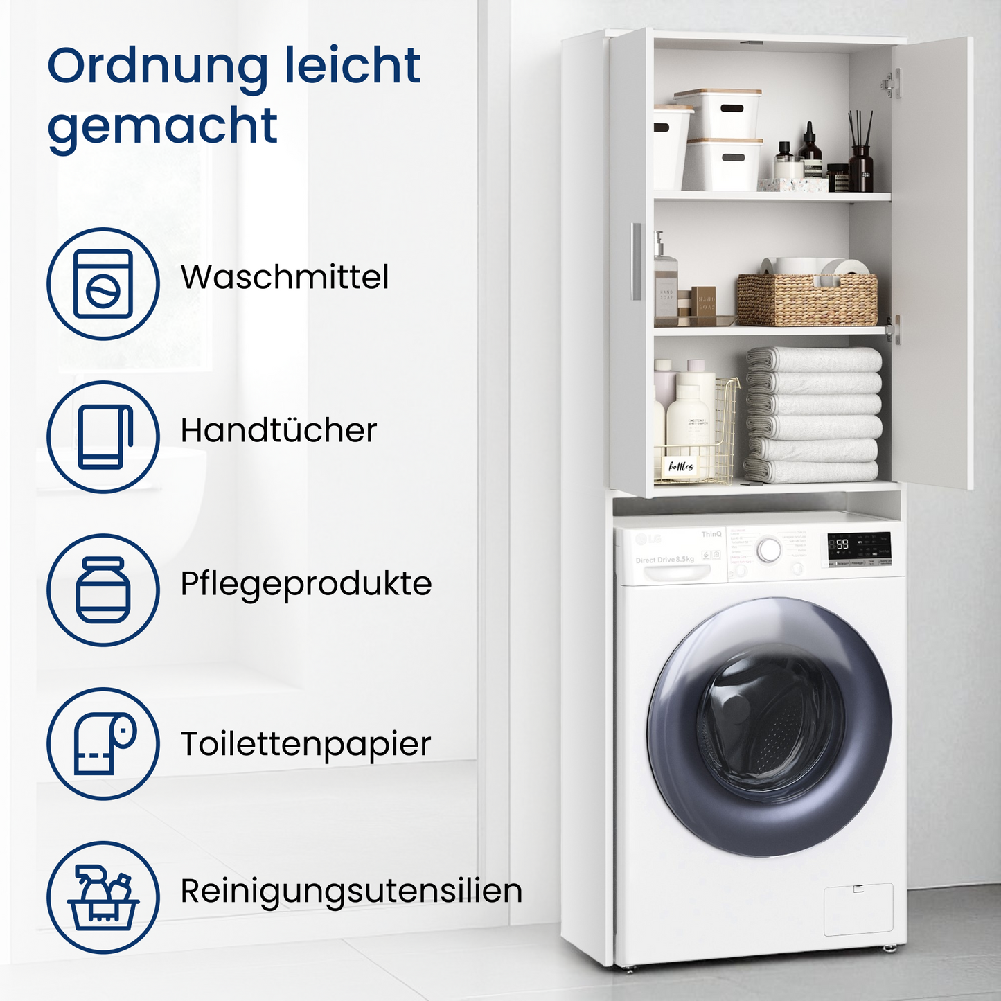 Waschmaschinenschrank Badezimmerschrank Hochschrank für Bad Waschmaschinenregal - platzsparender Stauraum & Aufbewahrung für Bad, Keller und Hauswirtschaftsraum | 65x30x187 (BxTxH) cm | Weiß