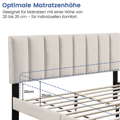 Bett 140x200 und 160x200 cm, Polsterbett mit Lattenrost, Bettgestell 140x200 & 160x200 cm, Doppelbett mit weichem Bezug und gepolstertem Kopfteil mit vertikaler & Kassettensteppung, robustes Gestell, hoher Liegekomfort