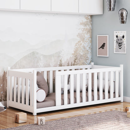 Kinderbett Bodenbett 90x200 cm Bett mit Rausfallschutz & Lattenrost Montessori Bett Bed Gitterbett Kinder Jugendbett Einzelbett | Kiefer Holz massiv | Weiß 90×200