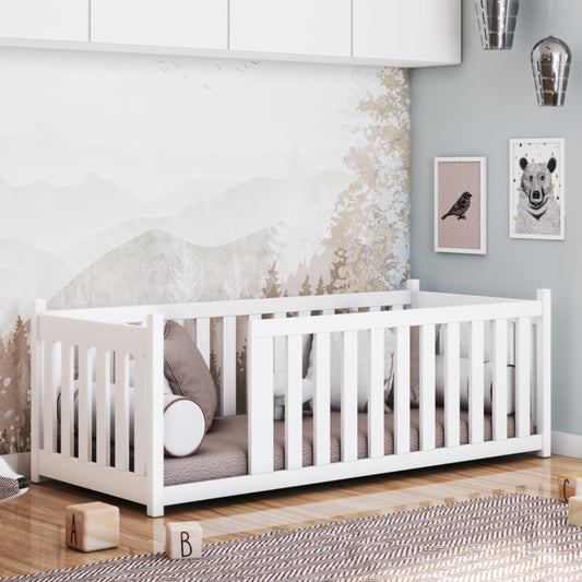 Kinderbett Bodenbett 90x200 cm Bett mit Rausfallschutz & Lattenrost Montessori Bett Bed Gitterbett Kinder Jugendbett Einzelbett | Kiefer Holz massiv | Weiß 90×200