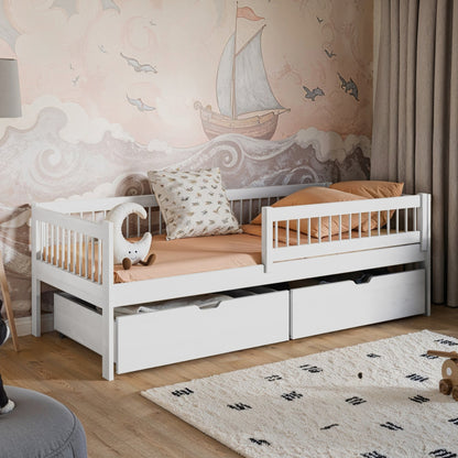 Kinderbett 90x200 cm mit zwei Schubladen, Rausfallschutz und Lattenrost Gitterbett Kinder Jugendbett | Kiefer-Massivholz | 90x200 cm: von 4. bis 18. Lebensjahr, Weiß