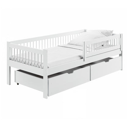 Kinderbett 90x200 cm mit zwei Schubladen, Rausfallschutz und Lattenrost Gitterbett Kinder Jugendbett | Kiefer-Massivholz | 90x200 cm: von 4. bis 18. Lebensjahr, Weiß
