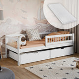Kinderbett 90x200 cm mit zwei Schubladen, Rausfallschutz und Lattenrost Gitterbett Kinder Jugendbett | Kiefer-Massivholz | 90x200 cm: von 4. bis 18. Lebensjahr, Weiß