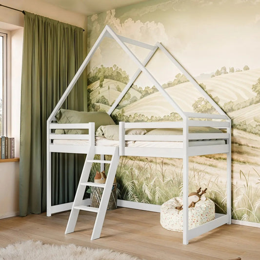 Hochbett 80x180 & 90x200 cm Kinderbett Hausbett Kinderhochbett Bett Mit Rausfallschutz, Leiter & Lattenrost | Kiefer-Massivholz | Weiß & Natur