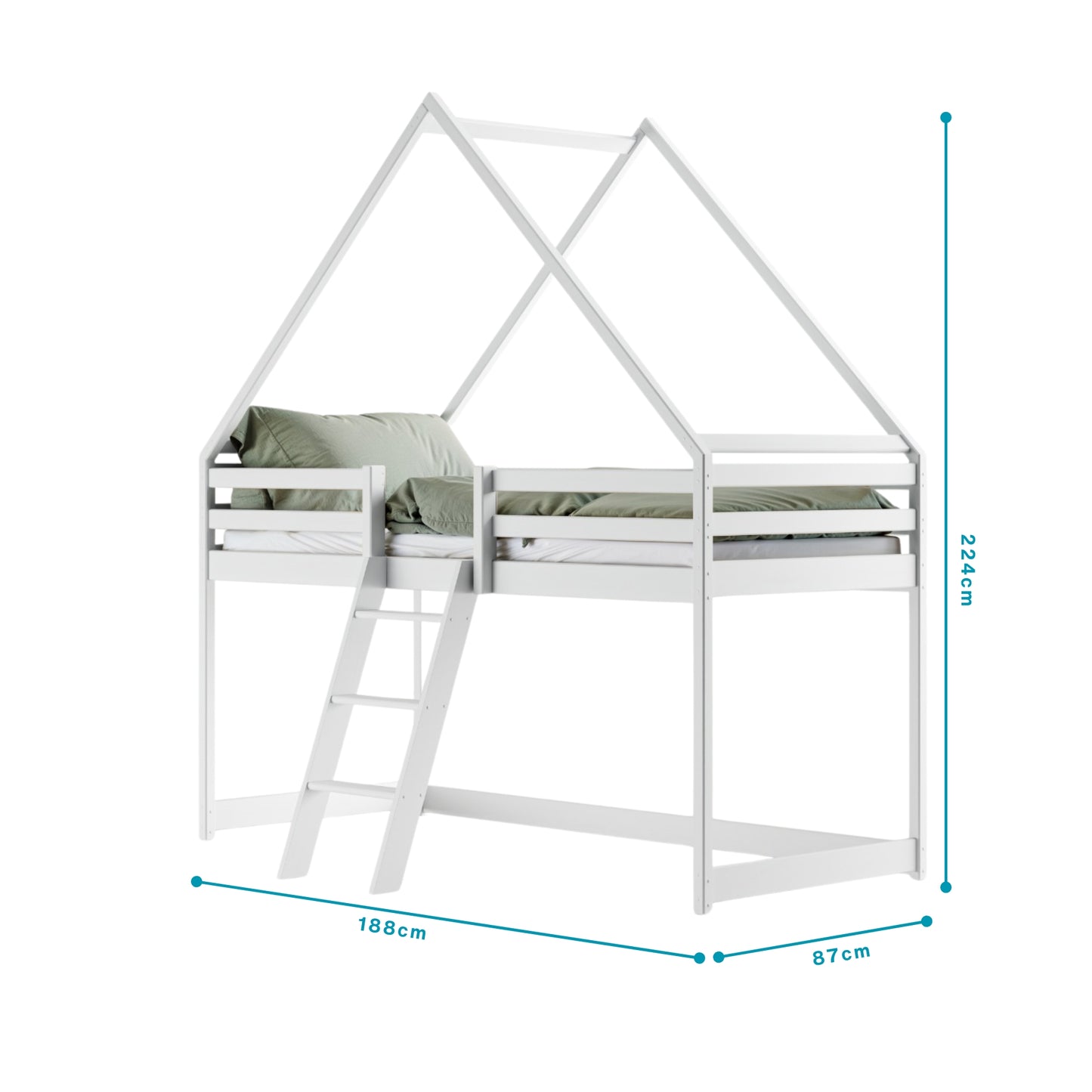 Hochbett 80x180 & 90x200 cm Kinderbett Hausbett Kinderhochbett Bett Mit Rausfallschutz, Leiter & Lattenrost | Kiefer-Massivholz | Weiß & Natur