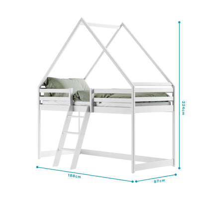 Hochbett 80x180 & 90x200 cm Kinderbett Hausbett Kinderhochbett Bett Mit Rausfallschutz, Leiter & Lattenrost | Kiefer-Massivholz | Weiß & Natur