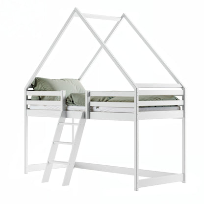 Hochbett 80x180 & 90x200 cm Kinderbett Hausbett Kinderhochbett Bett Mit Rausfallschutz, Leiter & Lattenrost | Kiefer-Massivholz | Weiß & Natur