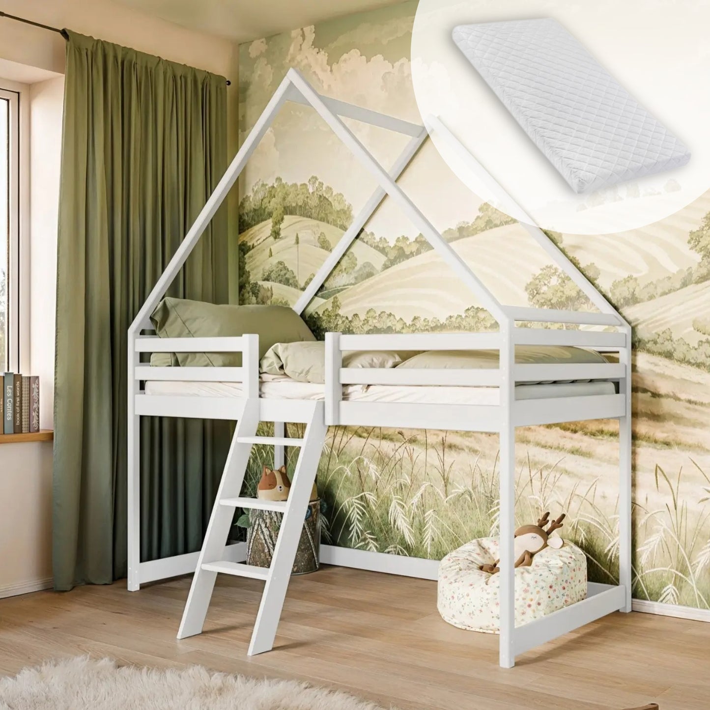 Hochbett 80x180 & 90x200 cm Kinderbett Hausbett Kinderhochbett Bett Mit Rausfallschutz, Leiter & Lattenrost | Kiefer-Massivholz | Weiß & Natur
