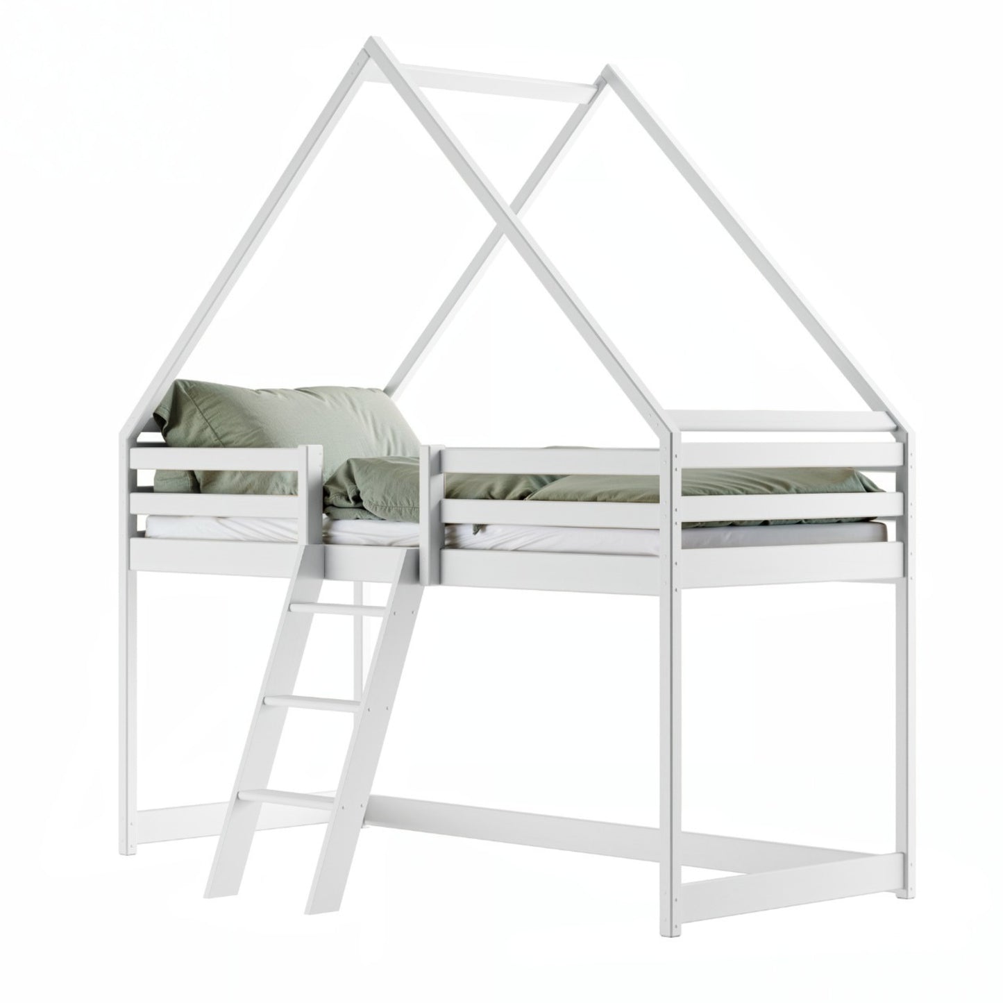 Hochbett 80x180 & 90x200 cm Kinderbett Hausbett Kinderhochbett Bett Mit Rausfallschutz, Leiter & Lattenrost | Kiefer-Massivholz | Weiß & Natur