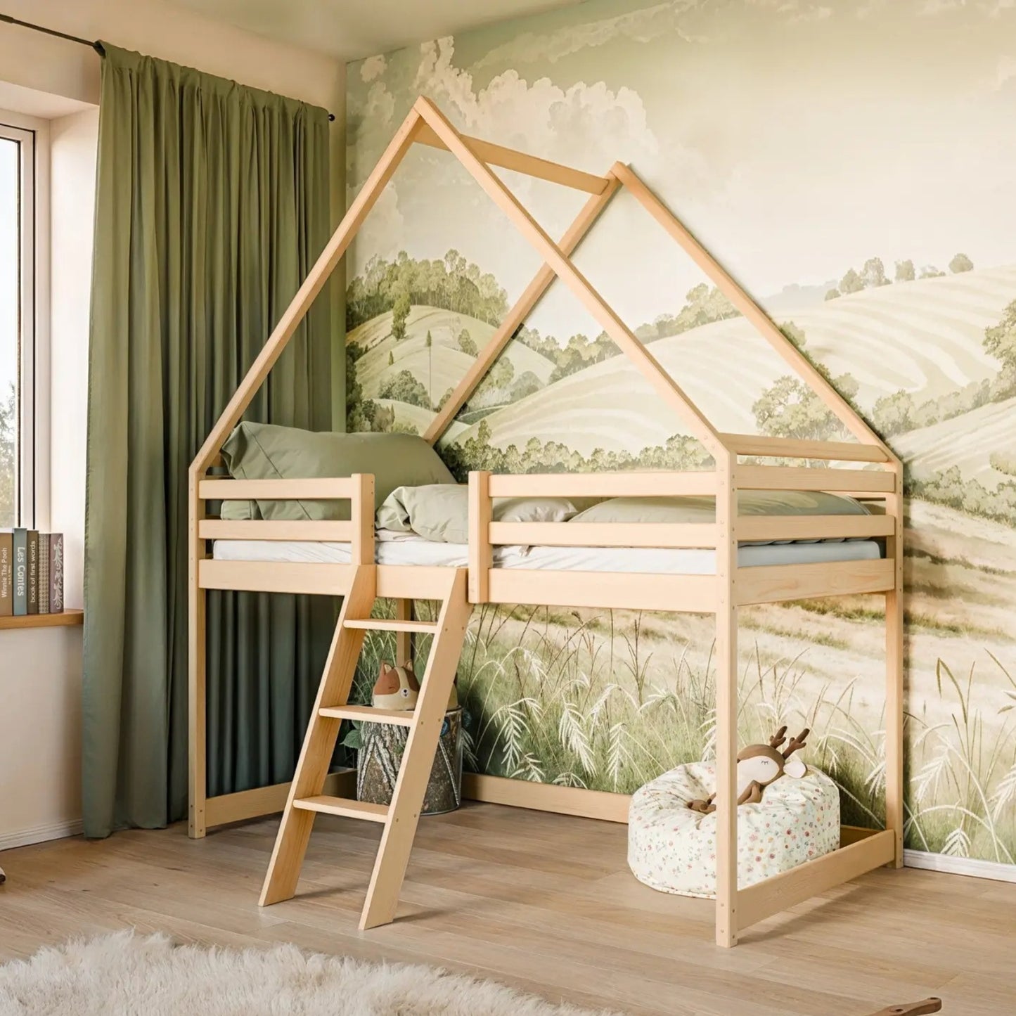 Hochbett 80x180 & 90x200 cm Kinderbett Hausbett Kinderhochbett Bett Mit Rausfallschutz, Leiter & Lattenrost | Kiefer-Massivholz | Weiß & Natur