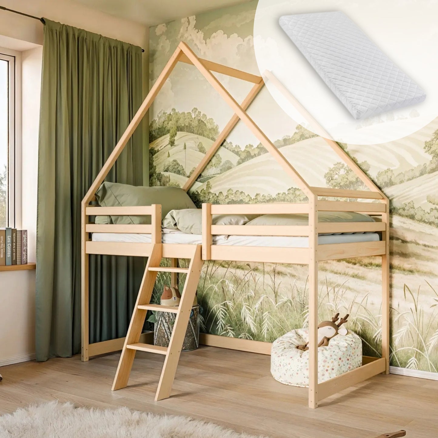Hochbett 80x180 & 90x200 cm Kinderbett Hausbett Kinderhochbett Bett Mit Rausfallschutz, Leiter & Lattenrost | Kiefer-Massivholz | Weiß & Natur