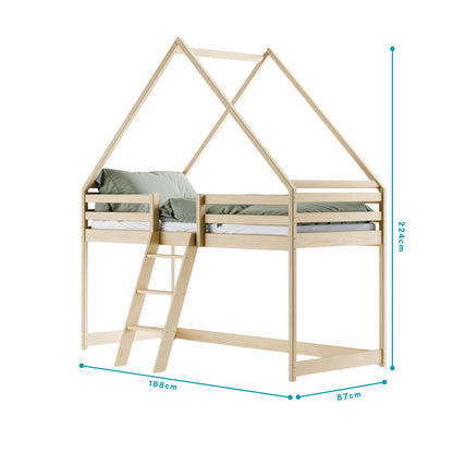Hochbett 80x180 & 90x200 cm Kinderbett Hausbett Kinderhochbett Bett Mit Rausfallschutz, Leiter & Lattenrost | Kiefer-Massivholz | Weiß & Natur