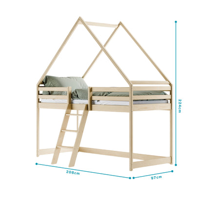 Hochbett 80x180 & 90x200 cm Kinderbett Hausbett Kinderhochbett Bett Mit Rausfallschutz, Leiter & Lattenrost | Kiefer-Massivholz | Weiß & Natur