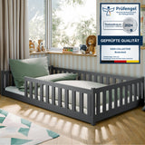 Kinderbett Bodenbett 80x160 | 80x180 | 90x190 | 90x200 | 120x200 | 140x200 cm Bett mit Rausfallschutz & Lattenrost Montessori Bett Gitterbett Kinder Jugendbett Einzelbett optional mit Matratze | Kiefer Holz massiv Junge Mädchen