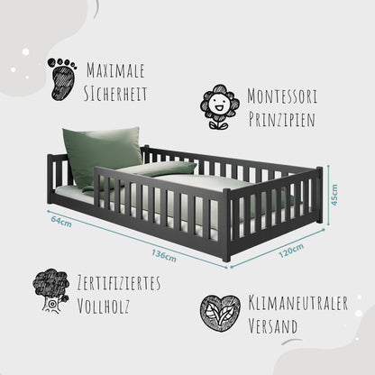 Kinderbett Bodenbett 80x160 | 80x180 | 90x190 | 90x200 | 120x200 | 140x200 cm Bett mit Rausfallschutz & Lattenrost Montessori Bett Gitterbett Kinder Jugendbett Einzelbett optional mit Matratze | Kiefer Holz massiv Junge Mädchen