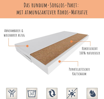 Kinderbett 70x140 & 80x160 cm mit Matratze und Schublade, Lattenrost & abnehmbarer Rausfallschutz Bett für Kinder Bett komplett Set Bed Rausfallschutz Kinderbett Jugendbett Einzelbett Komplettbett