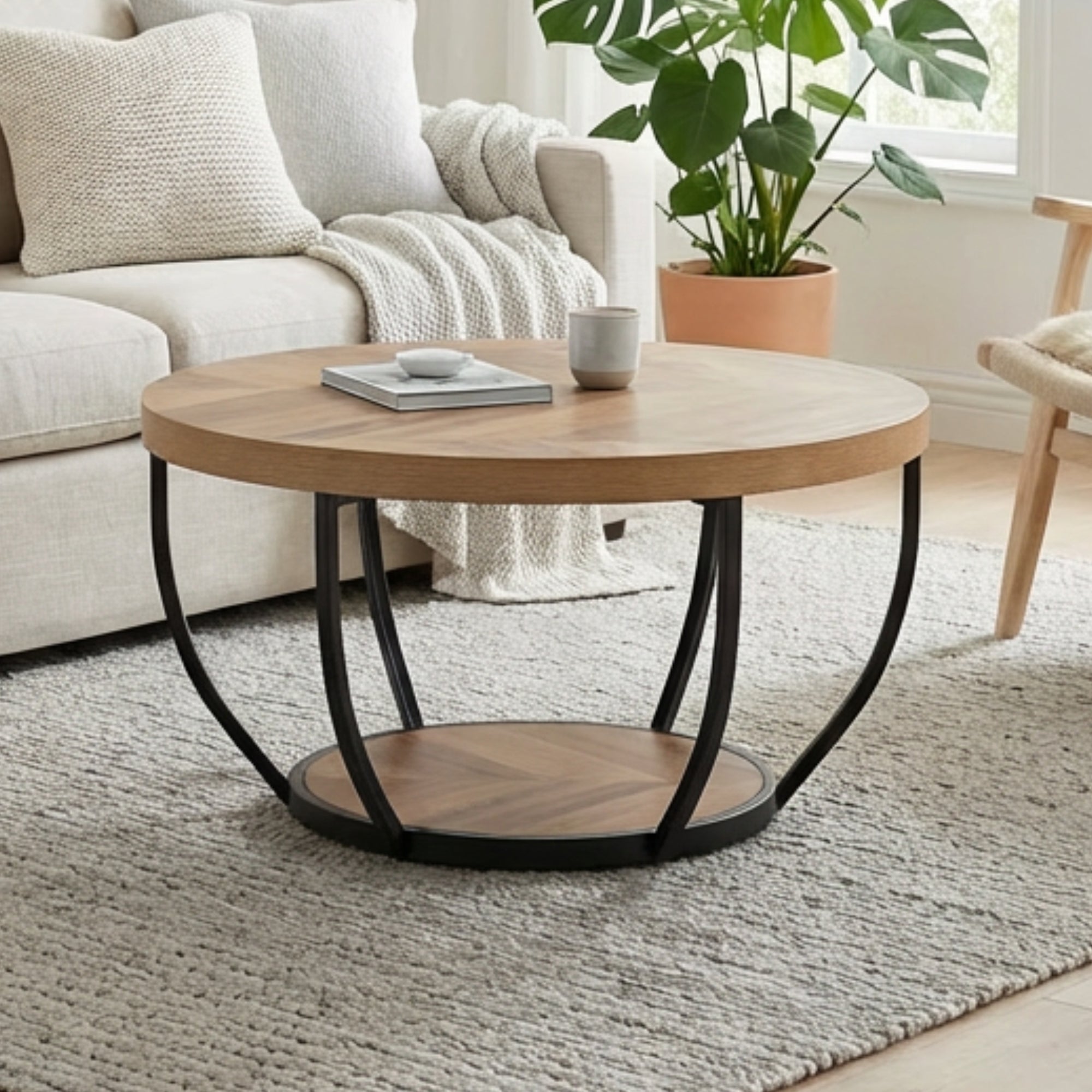 Home Collective Couchtisch Ø 80 cm rund, moderner Beistelltisch mit 2 Ablagen, Wohnzimmertisch mit Metallgestell 46 mm Tischplatte, Sofa-Tisch, idealer Ablagetisch für Wohnzimmer Deko