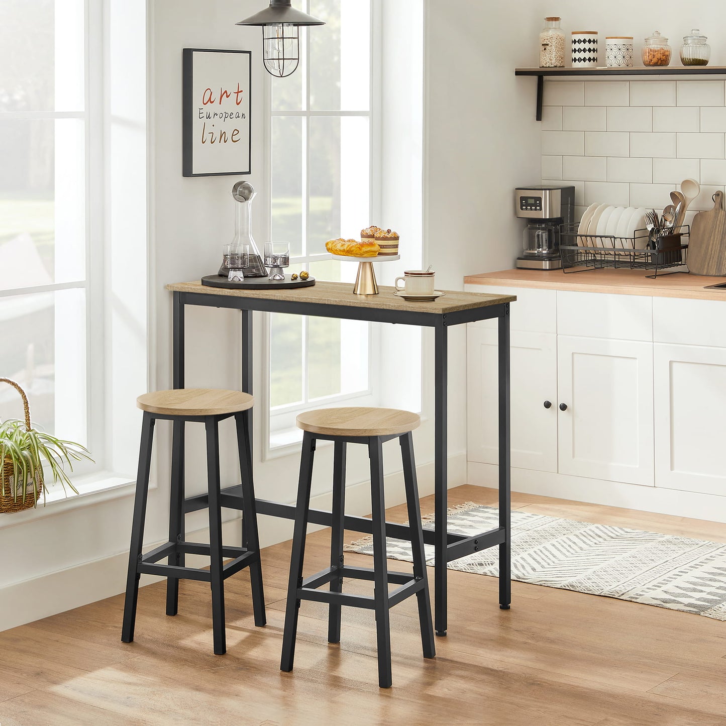 Bartisch-Set, Bartisch mit 2 Hockern, Stehtisch mit Barhockern | Modernes 3-teiliges Set, platzsparend, bis 100 kg belastbar mit Fußstützen | 100×40×90 / Ø 32×H 65 cm