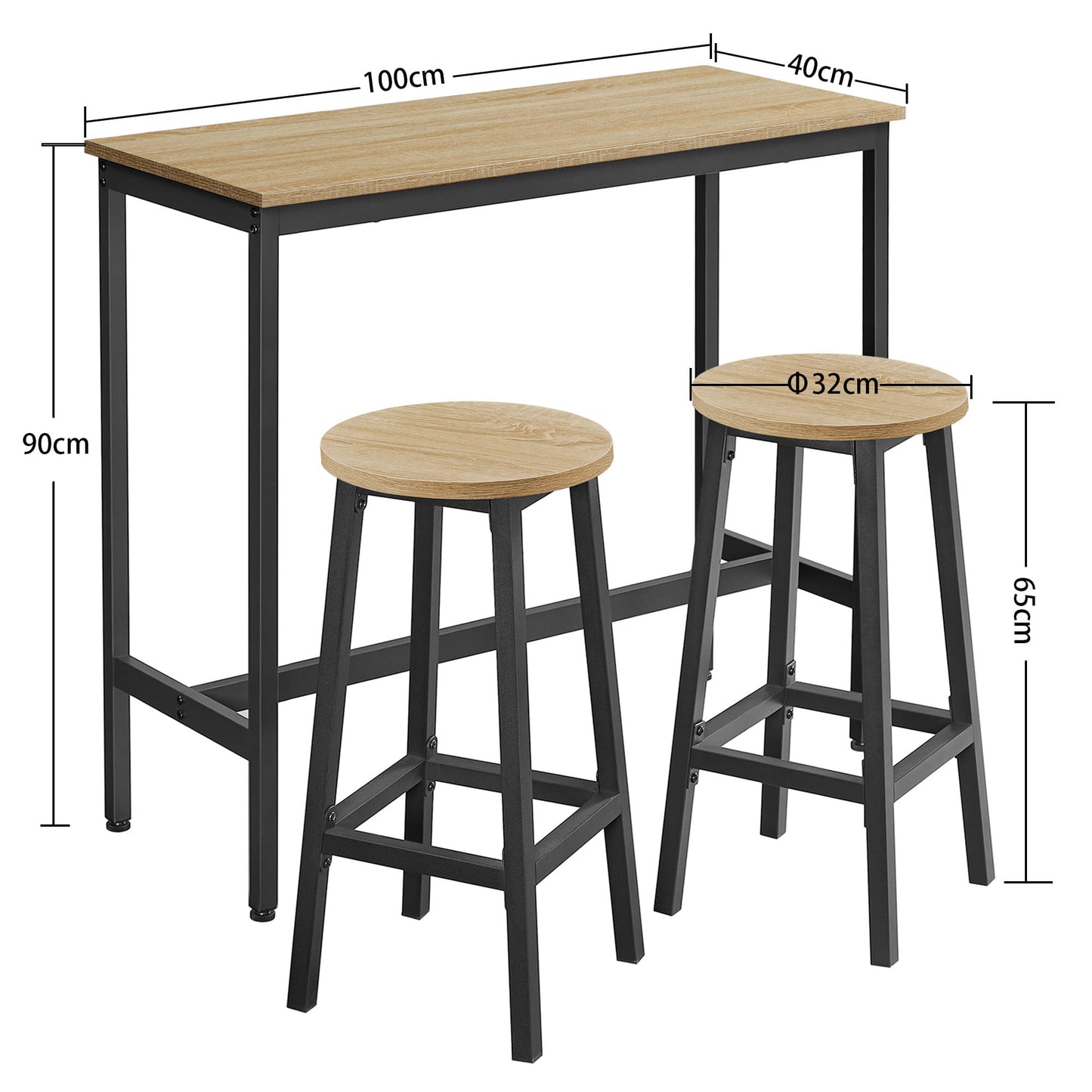 Bartisch-Set, Bartisch mit 2 Hockern, Stehtisch mit Barhockern | Modernes 3-teiliges Set, platzsparend, bis 100 kg belastbar mit Fußstützen | 100×40×90 / Ø 32×H 65 cm