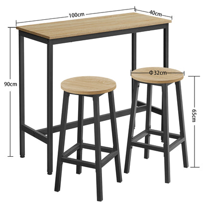 Bartisch-Set, Bartisch mit 2 Hockern, Stehtisch mit Barhockern | Modernes 3-teiliges Set, platzsparend, bis 100 kg belastbar mit Fußstützen | 100×40×90 / Ø 32×H 65 cm