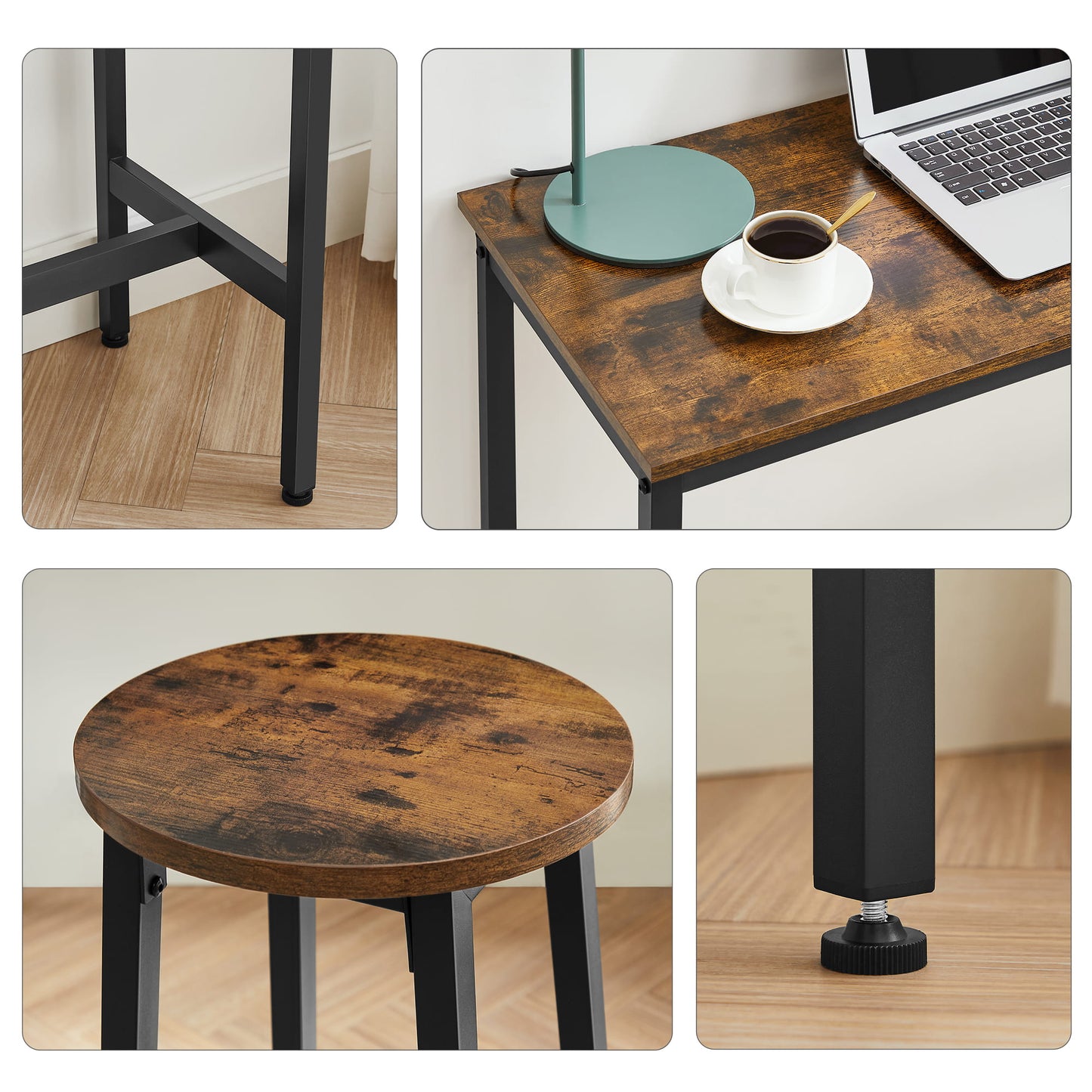 Bartisch-Set, Bartisch mit 2 Hockern, Stehtisch mit Barhockern | Modernes 3-teiliges Set, platzsparend, bis 100 kg belastbar mit Fußstützen | 100×40×90 / Ø 32×H 65 cm