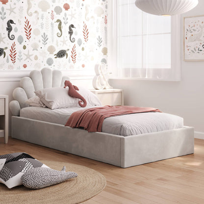 Kids Collective Kinderbett Polsterbett 90x200 cm Kinder Bett Jugendbett mit Lattenrost und Metallrahmen | Kopfteil in Muschelform | Für Mädchenzimmer & Kinderzimmer | von 4 bis 18 Jahren