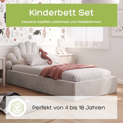 Kids Collective Kinderbett Polsterbett 90x200 cm Kinder Bett Jugendbett mit Lattenrost und Metallrahmen | Kopfteil in Muschelform | Für Mädchenzimmer & Kinderzimmer | von 4 bis 18 Jahren