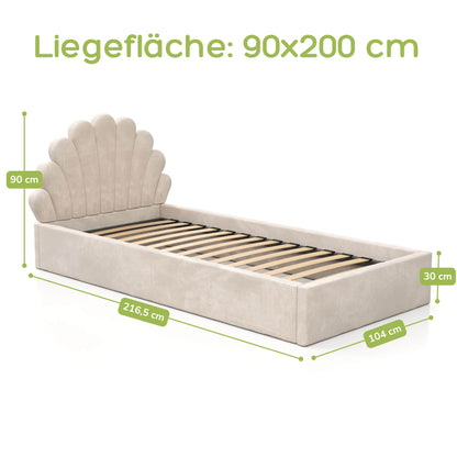 Kids Collective Kinderbett Polsterbett 90x200 cm Kinder Bett Jugendbett mit Lattenrost und Metallrahmen | Kopfteil in Muschelform | Für Mädchenzimmer & Kinderzimmer | von 4 bis 18 Jahren