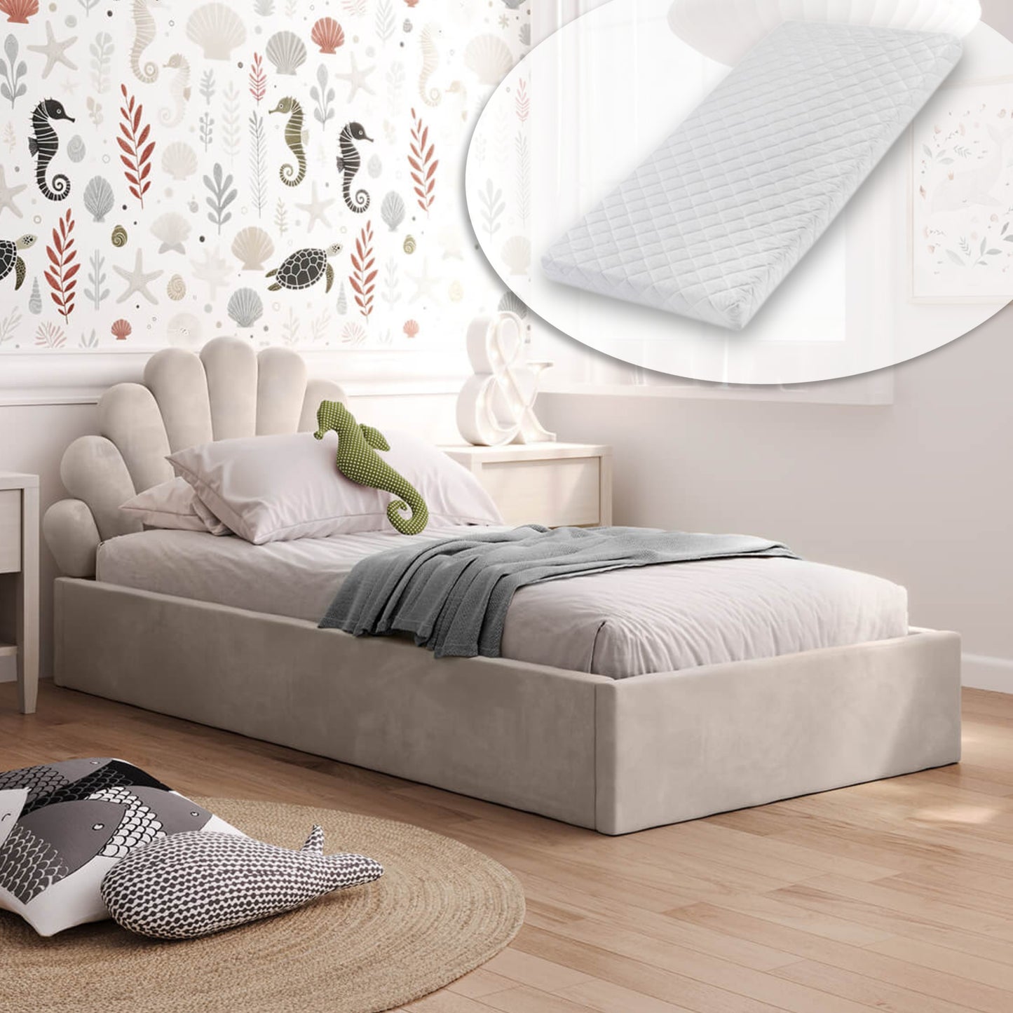 Kids Collective Kinderbett Polsterbett 90x200 cm Kinder Bett Jugendbett mit Lattenrost und Metallrahmen | Kopfteil in Muschelform | Für Mädchenzimmer & Kinderzimmer | von 4 bis 18 Jahren