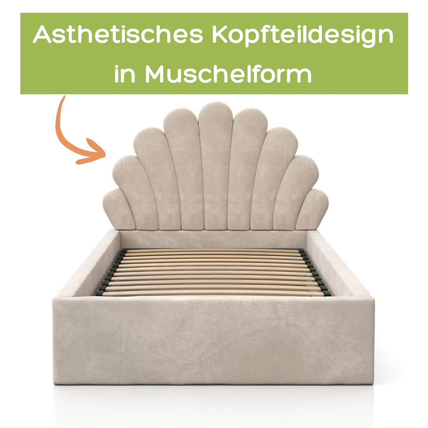 Kids Collective Kinderbett Polsterbett 90x200 cm Kinder Bett Jugendbett mit Lattenrost und Metallrahmen | Kopfteil in Muschelform | Für Mädchenzimmer & Kinderzimmer | von 4 bis 18 Jahren