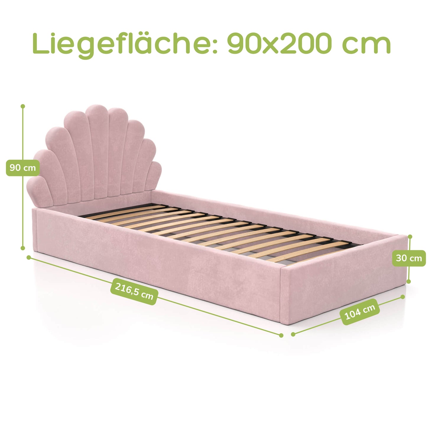 Kids Collective Kinderbett Polsterbett 90x200 cm Kinder Bett Jugendbett mit Lattenrost und Metallrahmen | Kopfteil in Muschelform | Für Mädchenzimmer & Kinderzimmer | von 4 bis 18 Jahren